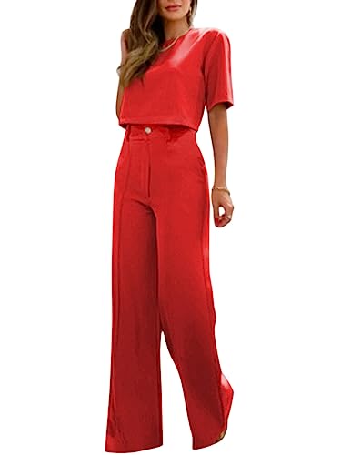 ORANDESIGNE Ensemble Femme Chic Et Elegant Ete Haut Court + Pantalon Coupe Droite Vetement Costume Tailleur 2 Pièces Fête Affaire Bureau Soirée Tenue Décontractée Set Outfit A Rouge L