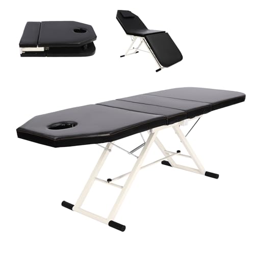OUBUBY Tumbona de masaje portátil de 3 zonas, mesa de masaje ajustable en altura con reposacabezas, 185 x 60 x 85 cm, plegable, cama de masaje, cama de cosméticos, portátil, para fisioterapia (negro)
