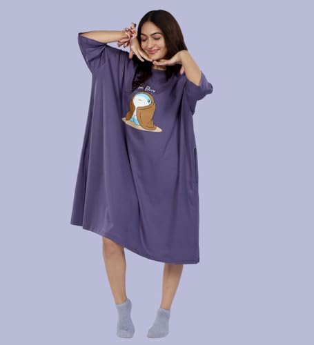 Image of LAMA STORE Women's Printed Oversized T-Shirt Dress, Cotton, 3 /4 Sleeve Length, Casual Loose Fit, Comfort Wear Extra Comfy Oversized Printed Pocket T-Shirt Dress