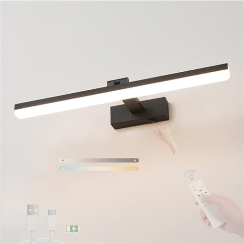 LED Lámpara de Pared Espejo Regulable de 40cm en color Negro con Batería USB y Mando