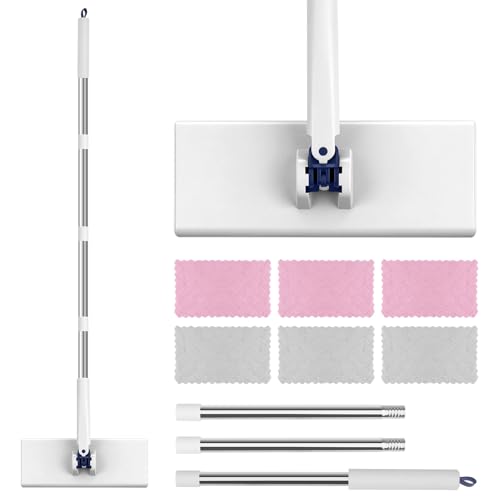 Snap Grip Mini Mop with 6 Washable Pads Dust Mop Household Items for Wall Window Ceiling Lazy Dry Wet Mops for Floor Cleaning for Home Kitchen Bathroom Zero-Touch Flat Floor Mops with 47 Handle