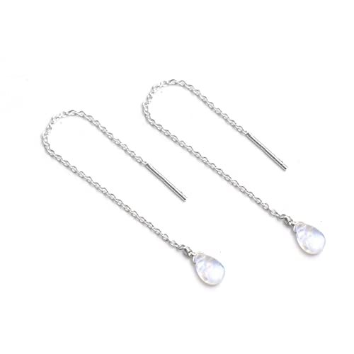 Threader Earrings Genuine Gemstone Beads Fashionable Tassel Sterling Silver Long & Short Adjustable Dangle Earrings Handmade Jewelry Gift for June Birthstone Moonstone Pear Earrings