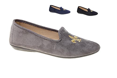 Zapatilla Cerrada Efecto Serraje, Bordado Flor de Lis , Piso Flexible de Goma Hechas En España Muy Cómodas (40 EU, Gris, numeric_40) Cover