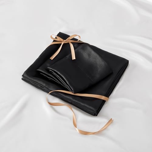 BEDELITE Satin Fitted Sheet and Pillowcases Set, Luxury Soft Similar to Silk Bottom Bed Sheet with Elastic Corner Straps, Deep Pocket up to 15 Inch, 1 Fitted Sheet and 2 Pillowcases(Full, Black)