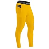 HYCOPROT Men's Compression Pants with Pockets, Athletic Leggings Baselayer Workout Tights for Running Yoga Gym Basketball Yellow