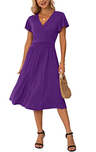 Image of GRECERELLE Spring Summer Dress for Women Casual Ruffle Short Sleeve Wrap V-Neck Dress