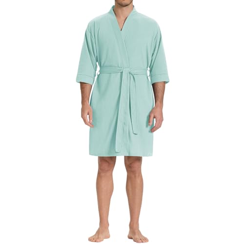 SIORO Mens Waffle Knit Lightweight Robe, Short Bathrobe with Pockets & 3/4 Sleeves, Kimono Loungewear for Summer & Spa