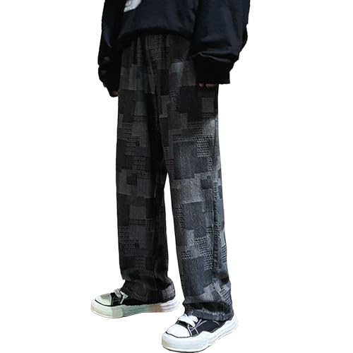 Mens Straight Leg Jeans Mens Baggy Jeans Wide Leg Jean Men Vintage Checkerboard Denim Pants Streetwear