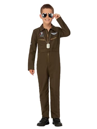 Smiffys Déguisement d'aviateur Top Gun Maverick pour garçon, vert, avec combinaison-pantalon et badges nominatifs interchangeables Halloween, Carnaval