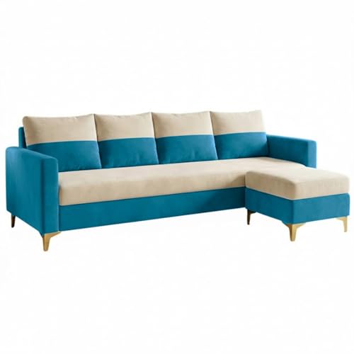 Image of FURNY Canvora 5 Seater L Shape Sofa Set with Movable Ottoman | Flexible Left or Right Layout | Plush Velvet Fabric (Cream-Aqua Blue) | Perfect for Living Room, Guest Room & Office