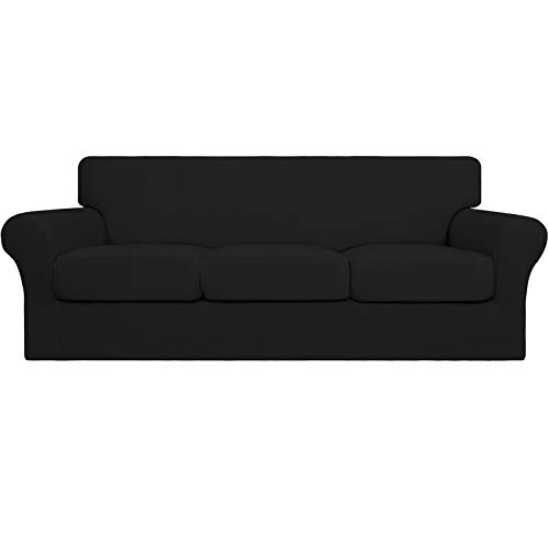 Image of Easy-Going 4 Pieces Stretch Soft Couch Cover for Dogs - Washable Sofa Slipcover for 3 Separate Cushion Couch - Elastic Furniture Protector for Pets, Kids (Sofa, Black) Large