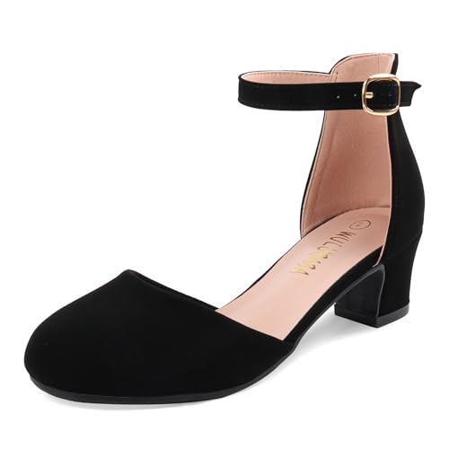 Wulubaba Girls Dress Shoes Closed Toe High Chunky Kids Heels for Girls Ankle Strap Wedding Party Pump Flower Girl Shoes Nubuck Black Size 13
