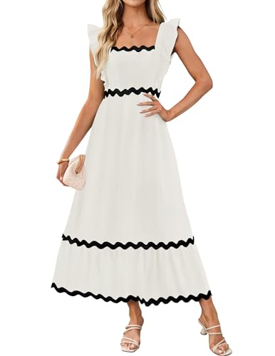 ZESICA Women's Summer Sleeveless Ruffle Dresses Square Neck Backless Boho Flowy Maxi Sundress with Pockets