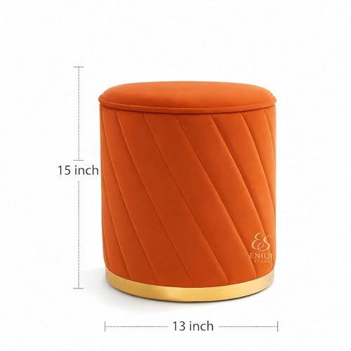 Image of Luxury Round Velvet Ottoman Stool with Gold Base - Modern Upholstered Footrest Pouffe, Tufted Vanity Seat, Living Room Bedroom Dressing Stool (Orange)