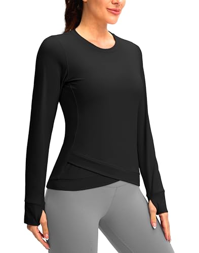 Santiny Women'S Long Sleeve Workout Tops Athletic Compression Shirts Cross Hem Running Gym Yoga Shirt With Thumb Hole thumb #2