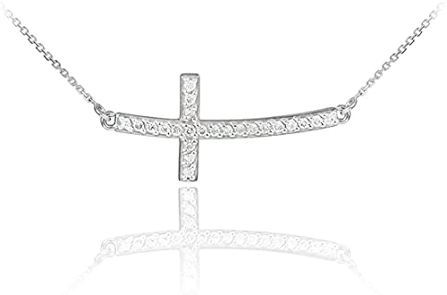14K White or Yellow Gold or .925 Sterling Silver Cubic Zirconia Curved Sideways Cross Bar Necklace - Choice of Length