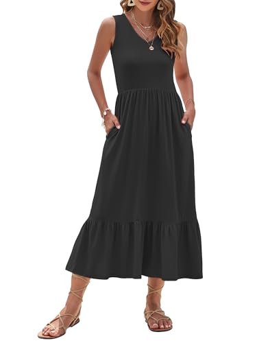 Image of AUSELILY Womens Summer Maxi Dress Casual Sleeveless V Neck Floral Dresses | A line shape with practical side pockets, Vacation dress for resort walks, Pair with low heels and simple jewelry