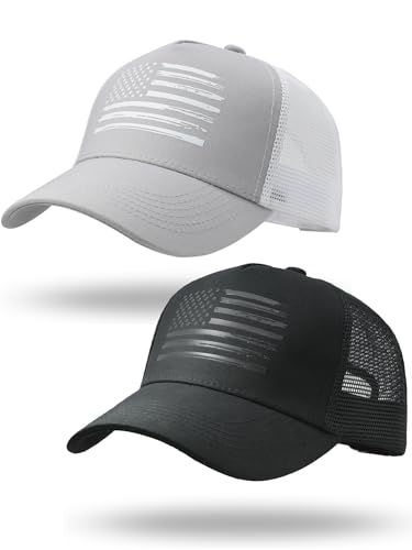 HAFOUXIGM 2 Pack American Flag Trucker Hats, Fitted Breathable Comfortable Mesh Snapback USA Flag Baseball Caps for Men Women