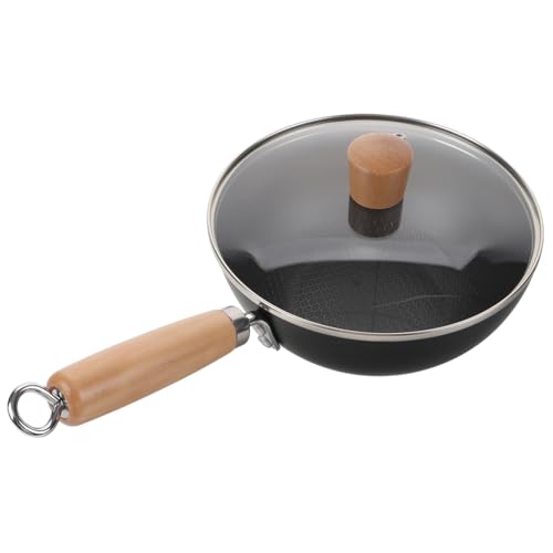 Toyvian Japanese Mini Small Iron Wok Pan with Lid 20cm Non-Coated Round Bottom Cooking Pot for Home Kitchen Gas Stove Use Traditional Frying Pan