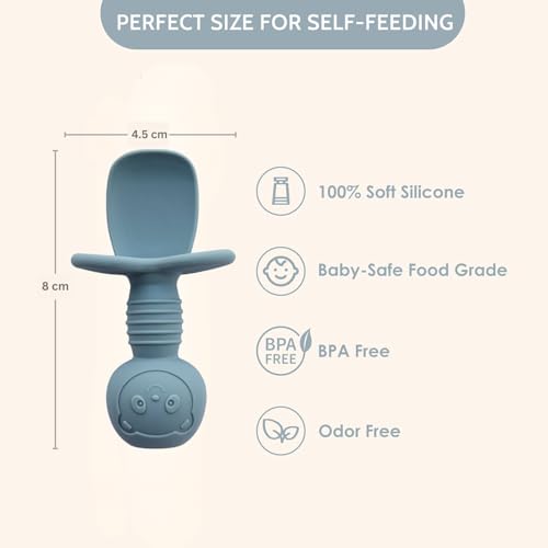 Image of FiABLE Pure Silicone Baby Spoons - 6M+ Feeding Spoon | Baby weaning Spoon | BPA Free, Non-Toxic Food Grade Chewable Teether, Soft Gum-Friendly - Set of 2 Blue&Green