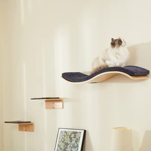 LIORCE Cat Wall Shelf with Two Steps - Wave Cat Shelves and Perches for Wall - Wall Mounted Cat Furniture for Sleeping, Playing, Climbing, and Lounging