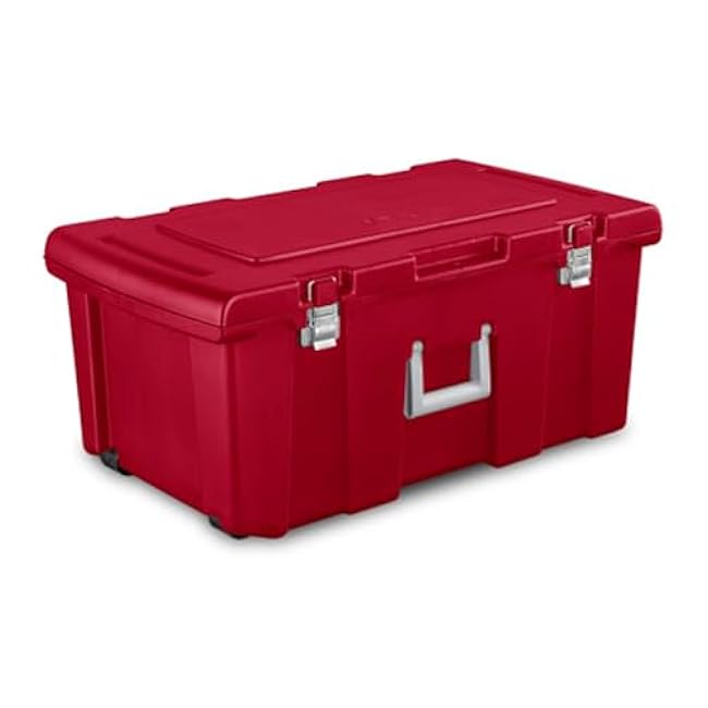 Sterilite Wheeled Footlocker, Lockable Plastic Utility Storage Bin with Lid, Red - Heavy-Duty Organizing Containers for Home, Office, Garage, and Basement