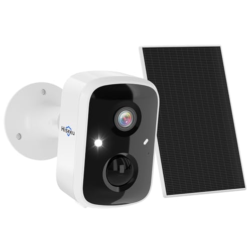 Hiseeu 2K Senza Fili Telecamera Wi-Fi Esterno a Batteria, Videocamera Sorveglianza WiFi Esterno con Pannello Solare, Visione Notturna a Colori, Rilevamento PIR, Allarme Sonoro,Audio a 2 Vie,IP66