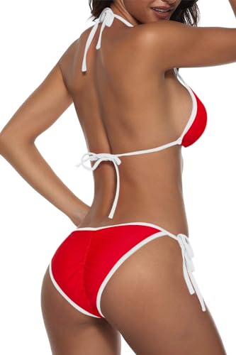 Image of Suvimuga Women Two Piece Swimsuit Color Block Swimwear Halter String Triangle Bikini Sets