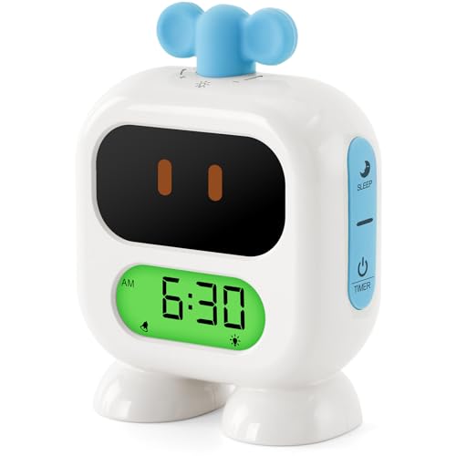 Seucasu Kids Alarm Clock Ok to Wake with Green Light Red Light, Nap Timer, Robot Toddler Sleep Training Clock for Children (Blue)