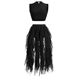 AFAVOM Lyrical Dance Costume for Women Contemporary Dancing Dress Up Sleeveless Crop Top with Asymmetrical Leotard Skirt Elegant Dancewear Irregular Ruffle Flowy Tulle Skirt Two Piece Outfit Black L