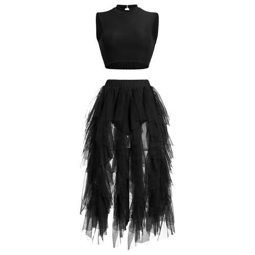 AFAVOM Lyrical Dance Costume for Women Contemporary Dancing Dress Up Sleeveless Crop Top with Asymmetrical Leotard Skirt Elegant Dancewear Irregular Ruffle Flowy Tulle Skirt Two Piece Outfit Black XL