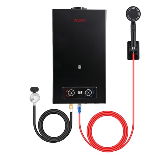 Propane Water Heater 4.76 GPM 18L Outdoor Portable Tankless Water Heater 82000 BTU/Hour with Digital Display Battery Ignition 5 Mode Shower Head Instant On Demand Hot Water for RV Camping Cabin