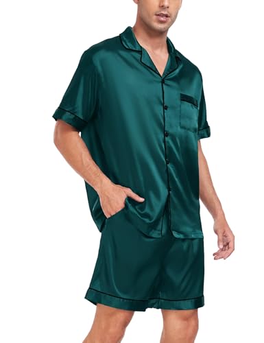 Image of SWOMOG Men Satin Silk Pajamas Sets Short Sleeve Sleepwear Button-Down PJs Sets Two-Pieces Loungewear with Pockets