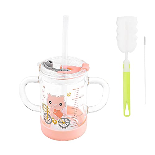 LONTG Tasse à Lait en Verre Tasse d'eau avec Paille Silicone Verre à Boire avec Double Poignée Échelle Gobelet de Couvercle Anti-fuite Mug avec Motif Dessiné 300ML 14 Ans et Plus