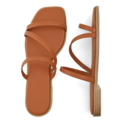 Image of LACUONE Strappy Flat Sandals For Women Slip On Square Open Toe Slides Sandals