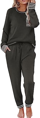Ekouaer Women's Pajama Set Long Sleeve Sleepwear Soft Contrast Color 2 Piece Lounge Sets (Grey, Small)