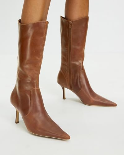 Coutgo Womens Mid Calf Boots Pointed Toe High Heel Long Boots Side Zipper Winter Dress Shoes2