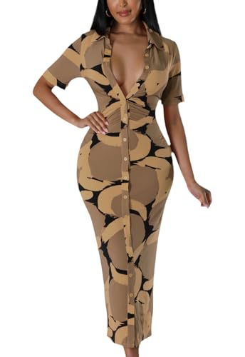 ZERMOM Women's Button Down Shirt Dress Short Sleeve Print Collar V Neck Summer Bodycon Midi Dresses