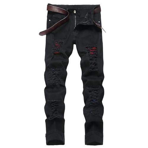 Image of Men's Ripped Slim Fit Jeans Straight Leg Denim Pants