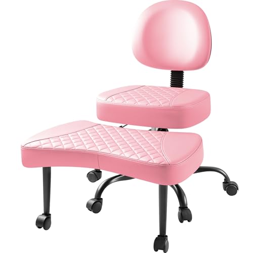 Image of Furmax Ergonomic Criss Cross Legged Office Chair with Wheels, 360Swivel Adjustable Height Kneeling Desk Chair with Footrest for ADHD, Yoga, Meditation, Home Office (Leather, Pink)