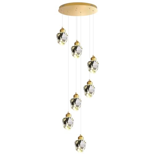 PCXEHUYP Luxury Diamond-Cut Crystal Stair Chandelier, Dimmable Modern Ceiling Light for High Ceilings & Foyers, Adjustable Height, 15 Lights in Gold Finish, Ideal Villas Staircases