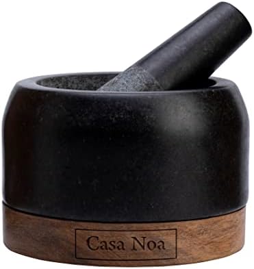 Casa Noa Mortar and Pestle Set with Wood Base - Heavy & Solid Polished Granite - 100% Natural, Large Guacamole Bowl, Stone Grinder, Molcajete Bowl, Anti-Scratch, 1.8 Cup Capacity, 5.8-Inch Pestle