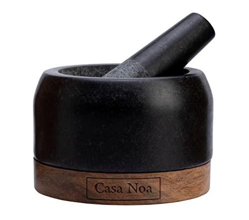 Casa Noa Mortar And Pestle Set With Wood Base - Heavy & Solid Polished Granite - 100% Natural, Large Guacamole Bowl, Stone Grinder, Molcajete Bowl, Anti-Scratch, 1.8 Cup Capacity, 5.8-Inch Pestle #TOP2