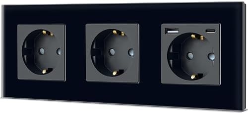 TAWOIA Schuko Steckdose,EU-Standard 3 Fach Steckdosen mit USB Type C (MAX 20W) Schnelllade Schnittstelle mit Kristall Glas Platte 3er Wandsteckdosen Schwarz 86 * 228mm