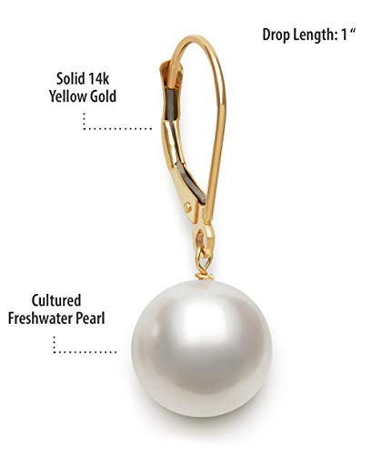 Belacqua White Cultured Freshwater Pearl Round Dangle Drop Earrings in 14K Yellow Gold, Leverback - Closure, Real Pearl Jewelry for Women, Gift Box Included2