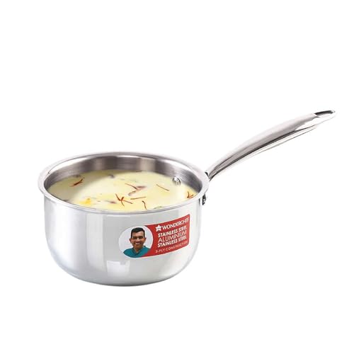 Image of Wonderchef Nigella Tri-ply Stainless-Steel Saucepan /Milkpan 16cm for Kitchen, 1.5L, Non-Toxic, Chemical & PFOA Free, Gas Stove & Induction Friendly, Heavy Bottom, Cool-Touch Handle, 10-Yr Warranty