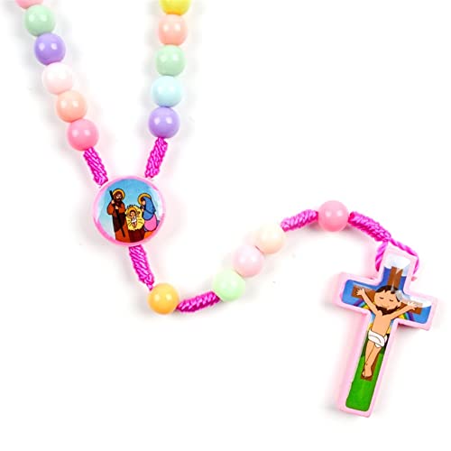 Akamori Collier Croix Chapelet Enfant Carton Fatima garçon Fille Rose Bleu Bois Autocollant coloré Cordon Cordon baptême pour Enfants (Color : Pink A, Size : 8mm) Cover