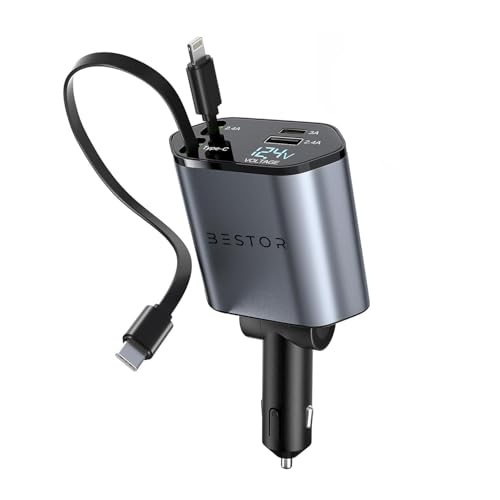 Image of BESTOR 120W 4-in-1 Retractable Car Charger with Dual Fast Charging Cables | USB-C + Lightning | 3A USB Port, 2.4A USB Port | LED Voltage Display | 12V /24V Universal Car Adapter