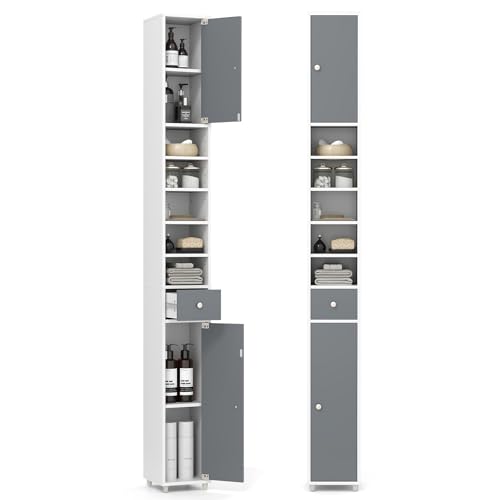 GIANTEX Badschrank Hochschrank, 20 x 20 x 180 cm, Badezimmerschrank Schmal mit Schublade, 2 Türen & 5 offenen Ablagen, Schrank fürs Badezimmer & Wohnzimmer (5 Ablagen, Grau + Weiß)