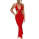 Women's Elegant Bodycon Crochet Dress Halter Tie Back Slim Blackless Hollow Out Dress Wedding Party Evening Long Maxi Dresses Red